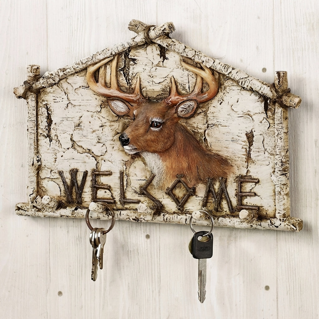 Richies Home Rustic Deer Welcome Plaque with 5 Wall Hooks – Off-White Birch
