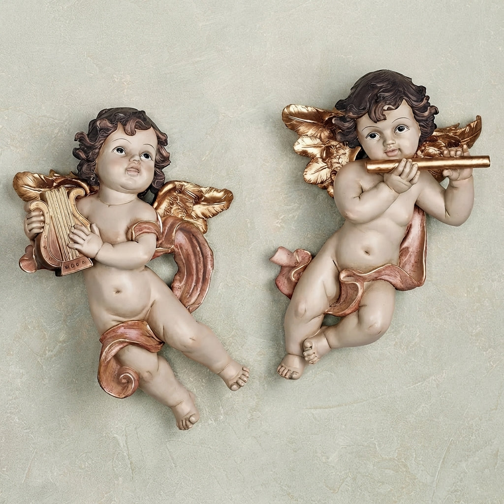 Richies Home Musical Cherub Wall Plaques Set of 2 – Gold & Mauve