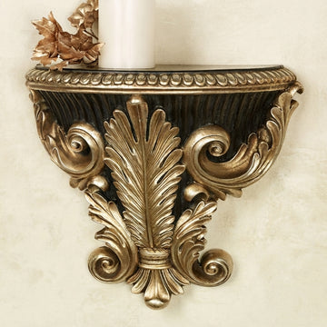 Richies Home Ribbed Black & Aged Gold Wall Shelf – Acanthus Scroll, 10.5 Inch