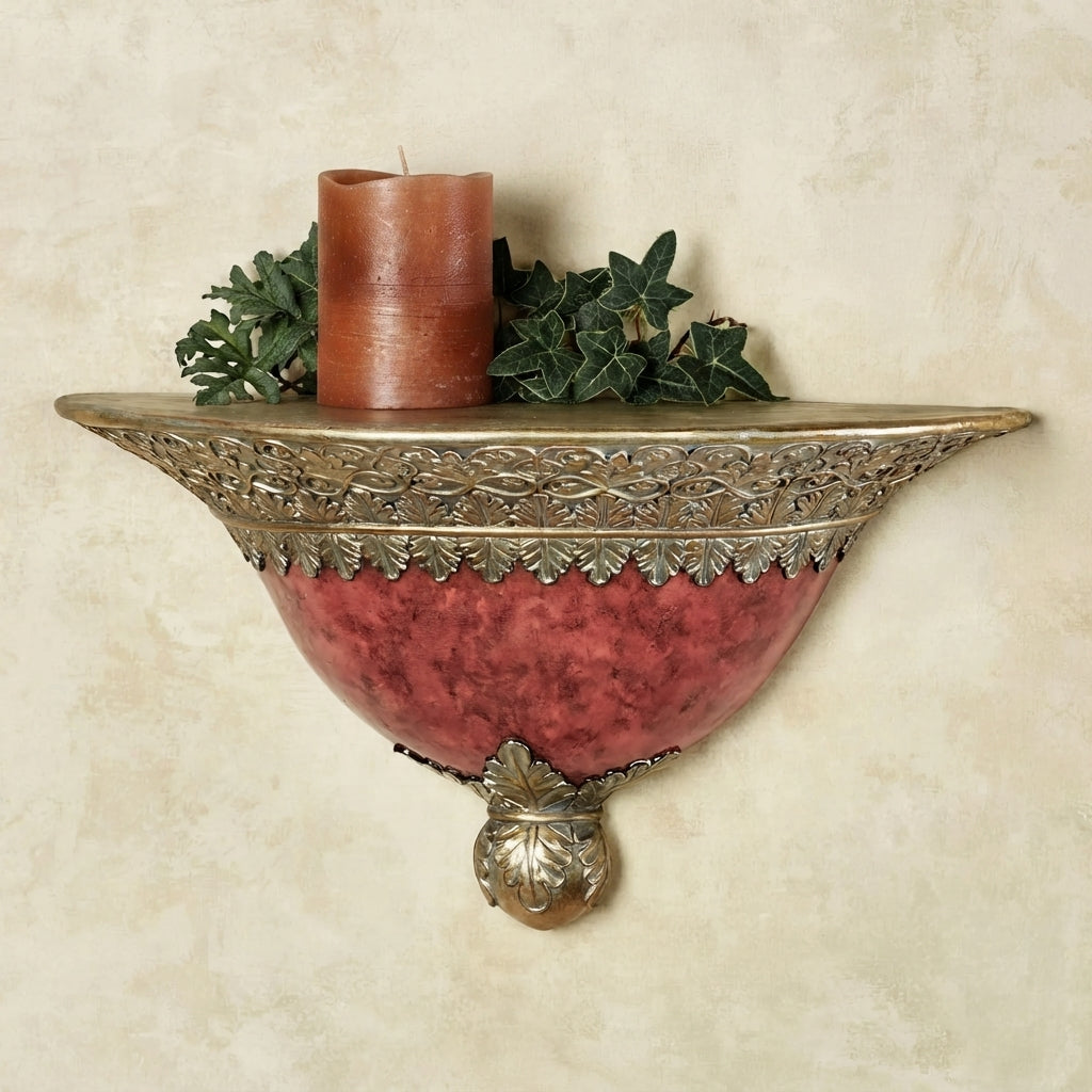 Richies Home Scroll Leaf Wall Shelf – Cinnabar Marble & Gold, 18 Inch