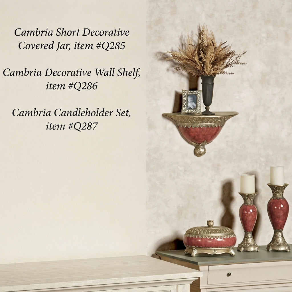 Richies Home Scroll Leaf Wall Shelf – Cinnabar Marble & Gold, 18 Inch