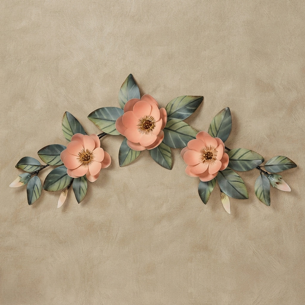 Richies Home Magnolia Floral Swag Metal Wall Topper – Cream & Blush, 30 Inch