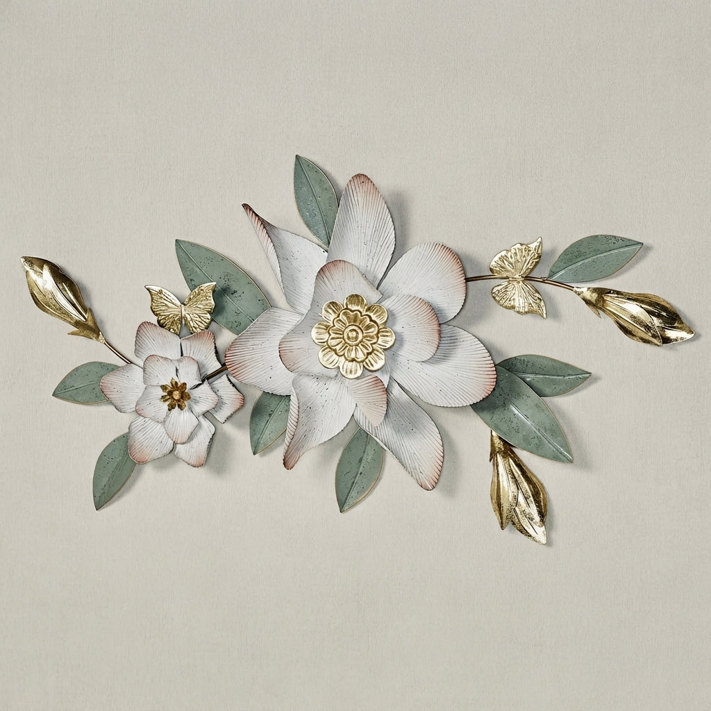 Richies Home Magnolia & Butterfly Metal Wall Topper – Antique White, 34 Inch