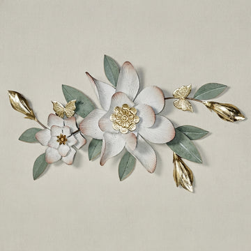 Richies Home Magnolia & Butterfly Metal Wall Topper – Antique White, 34 Inch